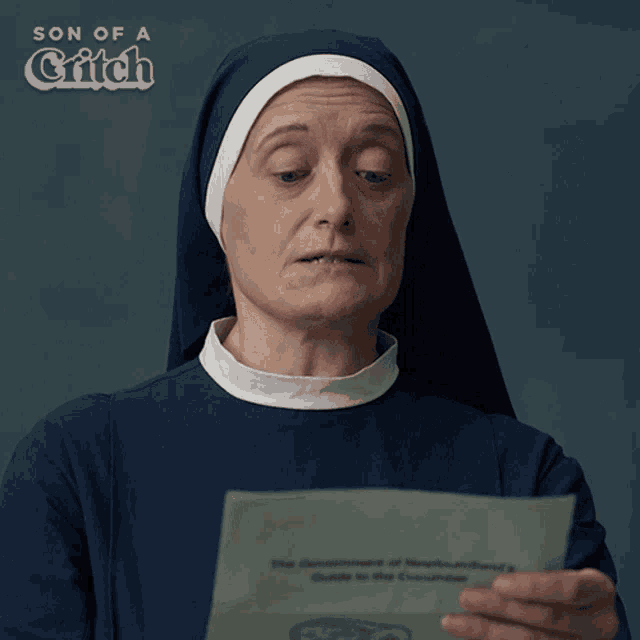 a nun is holding a piece of paper that says " the government of newfoundland 's guide to the cucumbers "