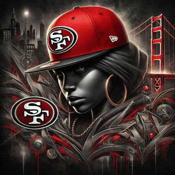 a woman wearing a red sf hat stands in front of a bridge