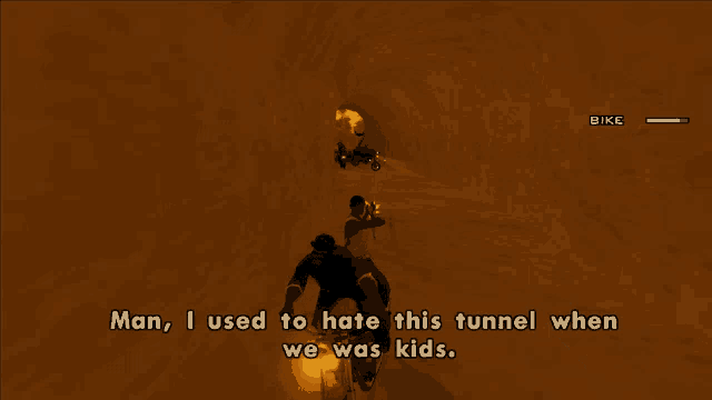 a man riding a bike in a tunnel with the words man i used to hate this tunnel when we was kids below him
