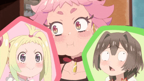 a cartoon girl with pink hair is surrounded by other girls
