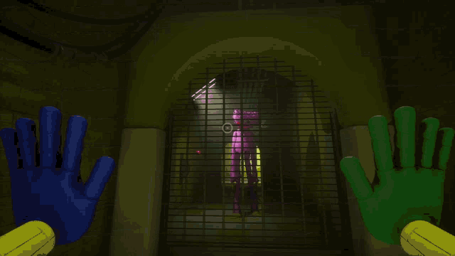 a purple stuffed animal is behind bars in a cage .