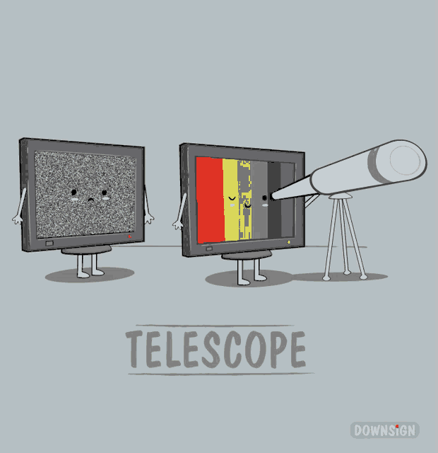 a cartoon of a tv and a telescope with the words telescope below it