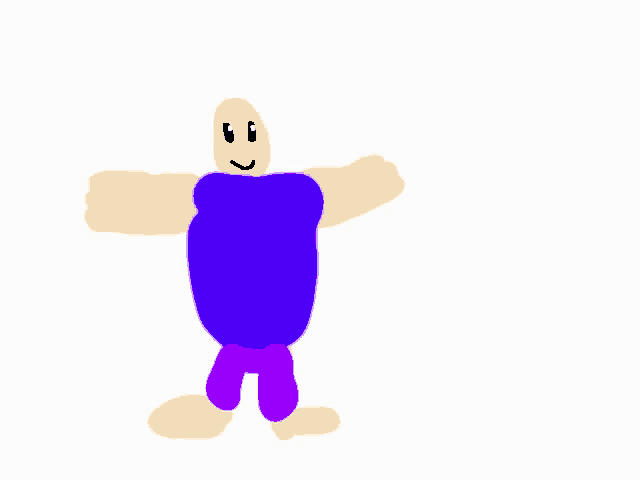 a cartoon character with a purple shirt and purple pants is standing with his arms outstretched