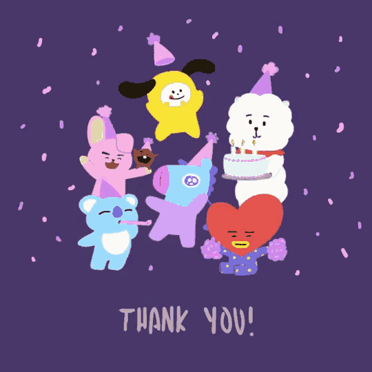 a thank you card with a bunch of stuffed animals on it