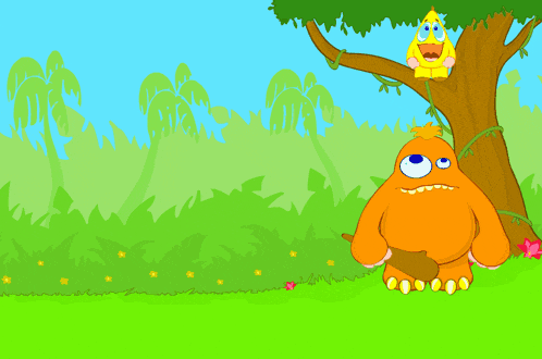 a cartoon of a monster holding a stick and a bird