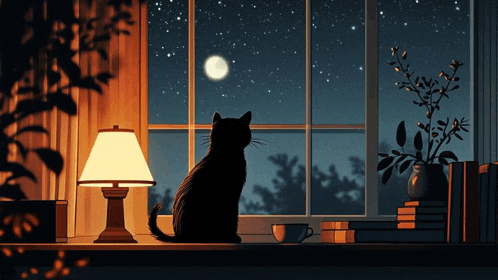 a black cat sits on a window sill looking out at the night sky