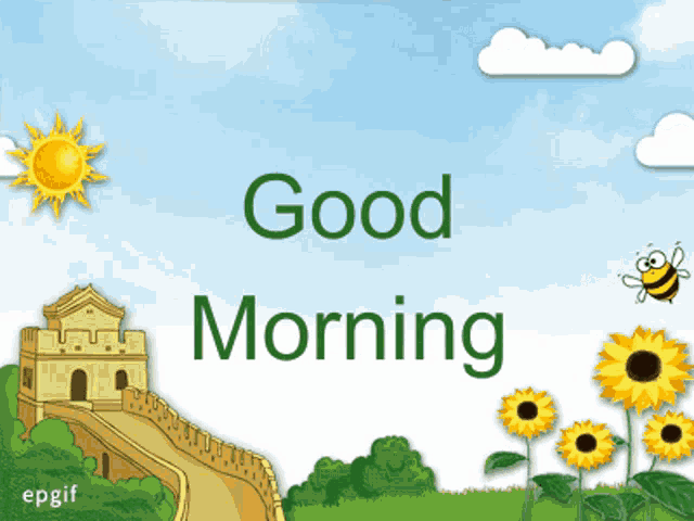 a cartoon drawing of a great wall and sunflowers with the words good morning