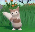 a cartoon squirrel is standing in the grass in a field .