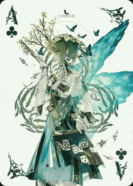 a painting of a girl with playing cards and the word caterpillar on the bottom