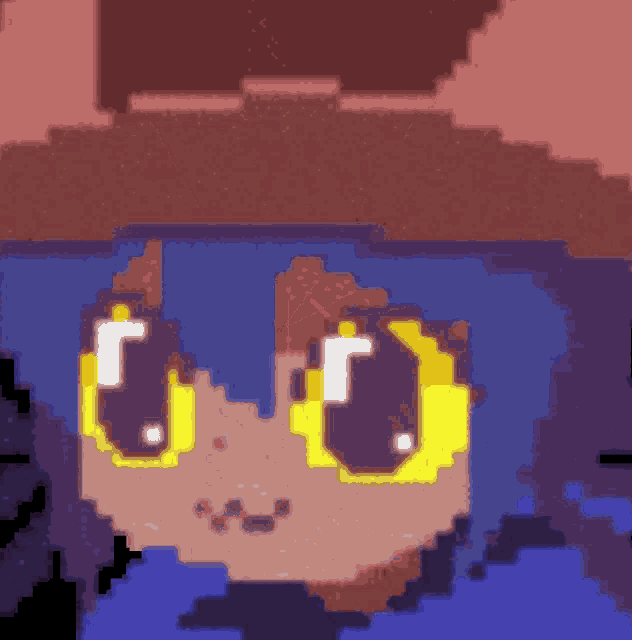 a pixel art of a person with blue hair and yellow eyes