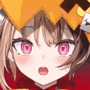 a close up of a girl 's face with pink eyes wearing a crown .