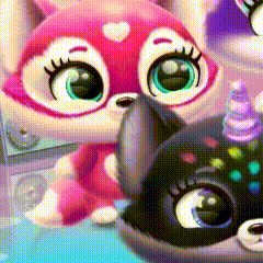 a pink rabbit and a black dog are sitting next to each other on a blue surface .