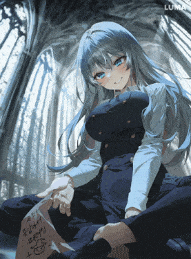 a drawing of a girl with blue hair and a luma logo in the background