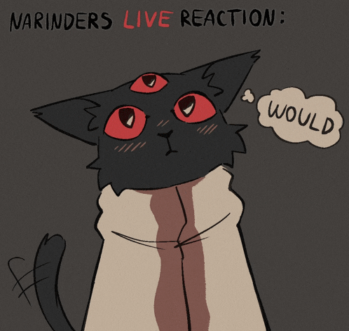 a drawing of a cat with red eyes and a speech bubble that says would