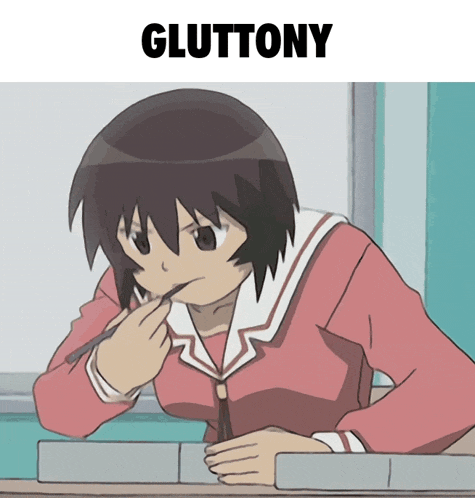 a girl sitting at a desk with a pencil in her mouth and the word gluttony above her