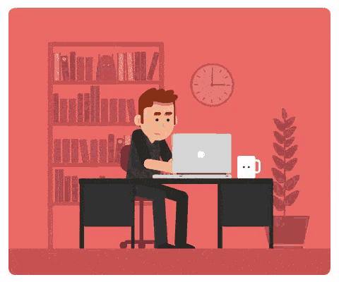 a man is sitting at a desk using a laptop computer with the words feliz dia del trabajo written below him