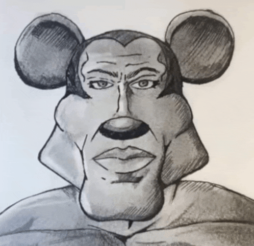 a drawing of a man with a mickey mouse head