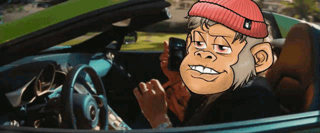 a cartoon monkey is sitting in a car talking on a cell phone