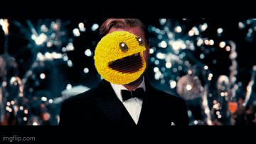 a man in a tuxedo and bow tie has a pac man face on his face