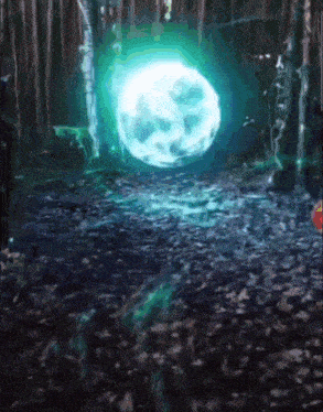a painting of a full moon in the middle of a dark forest