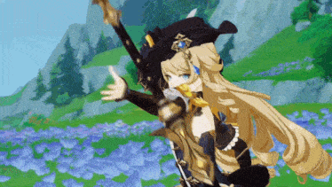 a girl with long hair is holding a sword in a field of flowers .