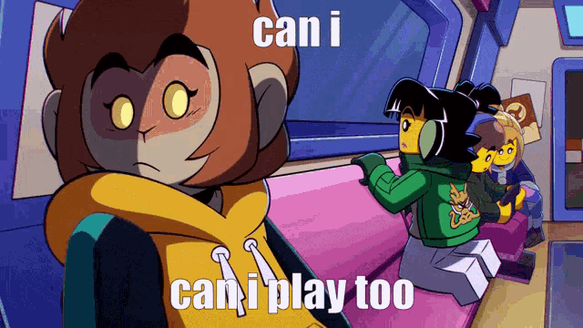 a cartoon of a monkey with the words can i play too