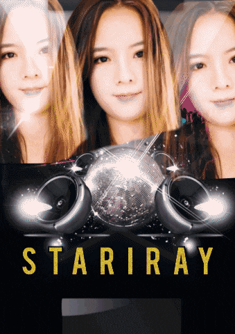 a poster for stariray with a disco ball and speakers on it