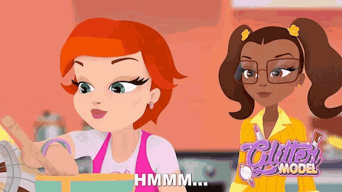 two cartoon girls are standing next to each other with the words " glitter model " on the bottom right