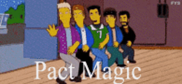a group of cartoon characters are standing next to each other and the words pact magic are visible