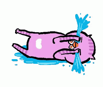 a cartoon drawing of a purple cat holding a small bird .