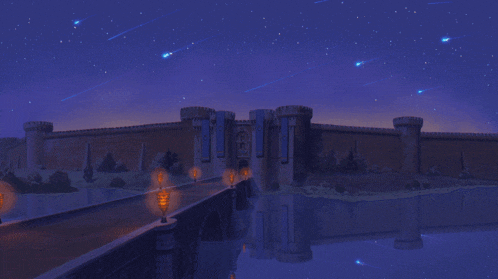 a bridge with a castle in the background and a starry night sky