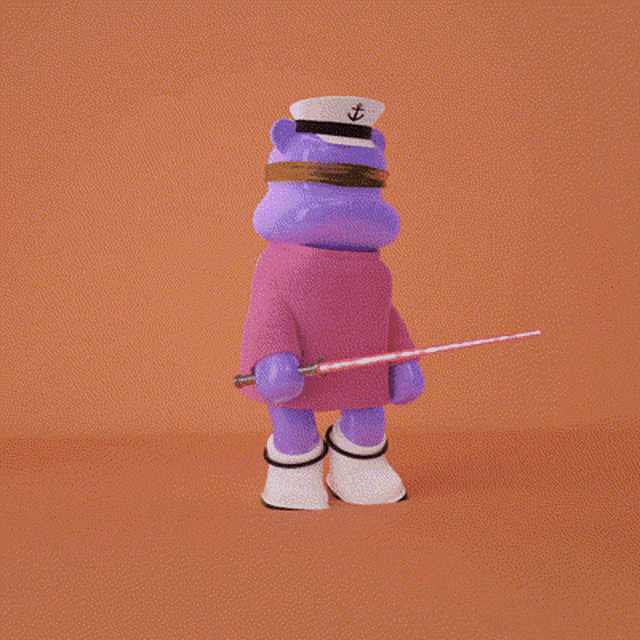 a purple teddy bear wearing a hat and holding a light saber