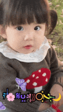 a baby wearing a sweater with a mushroom on it