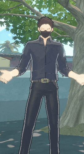 a man wearing a black shirt and black pants is standing in front of a tree with his arms outstretched