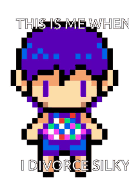 a pixel art drawing of a girl with purple hair and the words this is me when i divorce silky