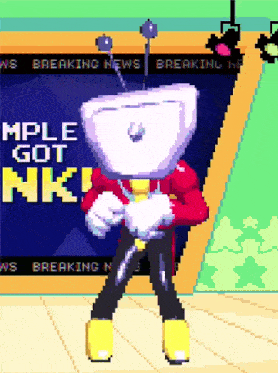 a pixel art of a person standing in front of a sign that says ' mpl got nk '