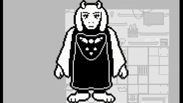 a black and white pixel art drawing of a cartoon character named toriel