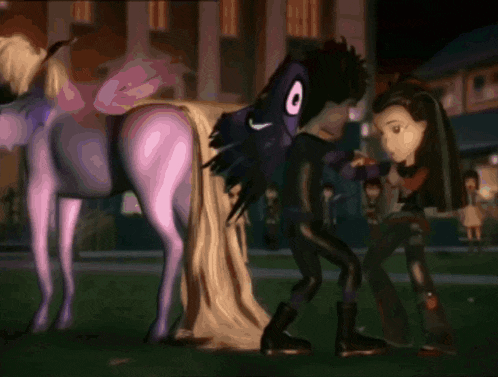 a cartoon of a girl standing next to a horse