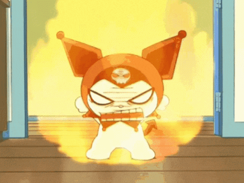 a cartoon character with a skull on his head is standing in front of a door with flames coming out of it