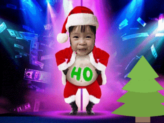 a baby is dressed as santa claus and has the word ho on his belly