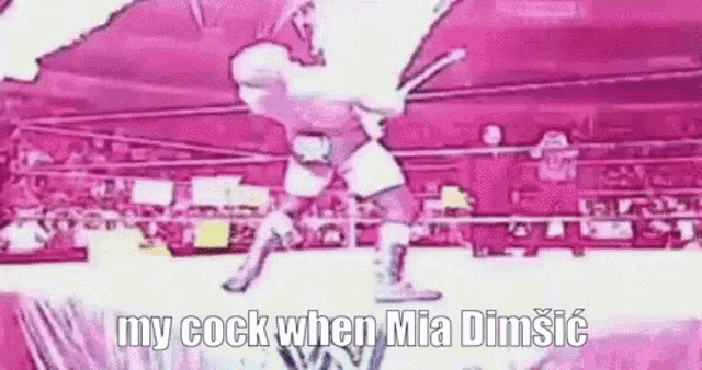a cartoon of a wrestling match with the words `` my cock when mia dimsic '' written on the bottom .