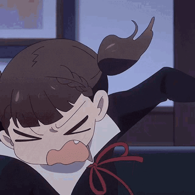 a cartoon girl with brown hair is making a funny face with her eyes closed