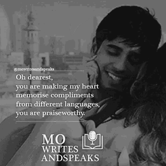 a black and white photo of a man hugging a woman with a quote from mo writes and speaks on the bottom