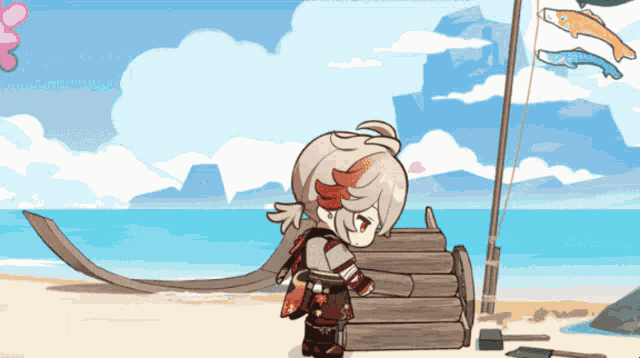 a cartoon character is standing on a beach with a boat in the background