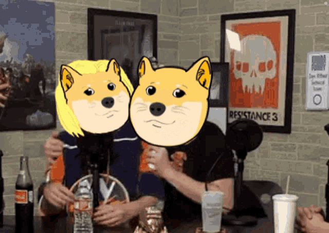 two cartoon dogs are sitting at a table in front of a sign that says " resistance 3 "