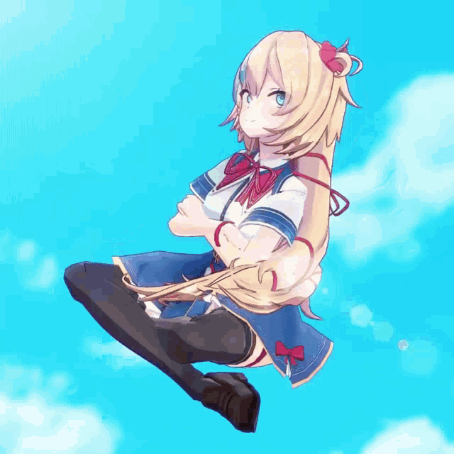 a girl with long blonde hair is flying in the sky