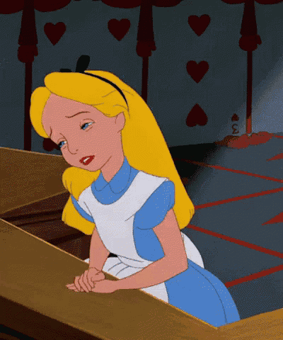 a cartoon of alice from alice in wonderland with hearts in the background