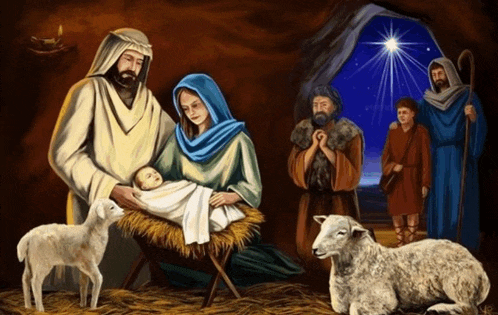 a painting of a nativity scene with a baby jesus in a manger