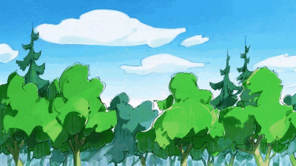 a cartoon drawing of a forest with trees and clouds in the sky