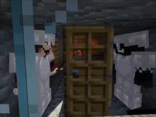 a person is standing in a room in a minecraft game looking out of a window .